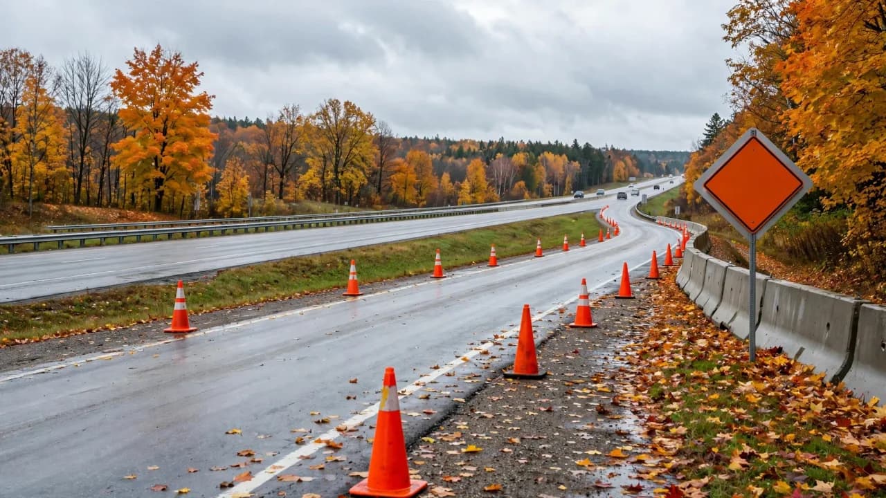 AI-generated illustration of a highway off-ramp with construction cones