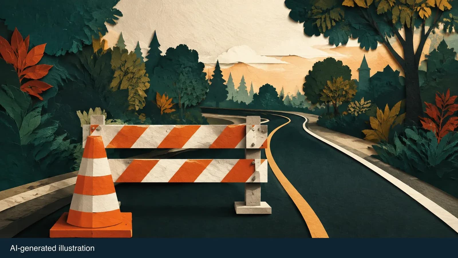 Illustrated road barrier and cone representing lane restrictions. AI-generated illustration.