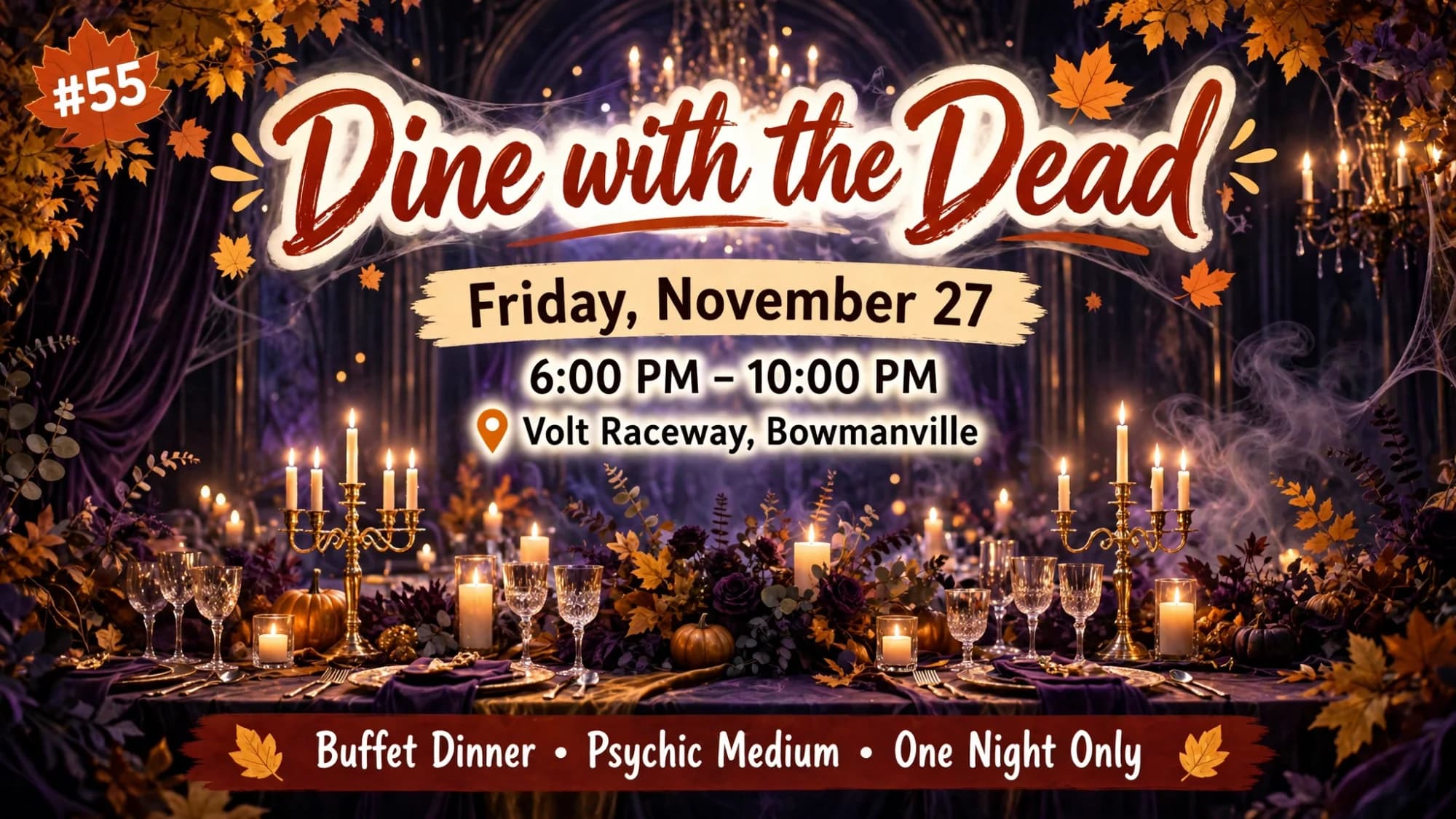 Poster for Dine with the Dead on Friday, November 27 at Volt Raceway in Bowmanville, with a candlelit banquet table in purple and gold.